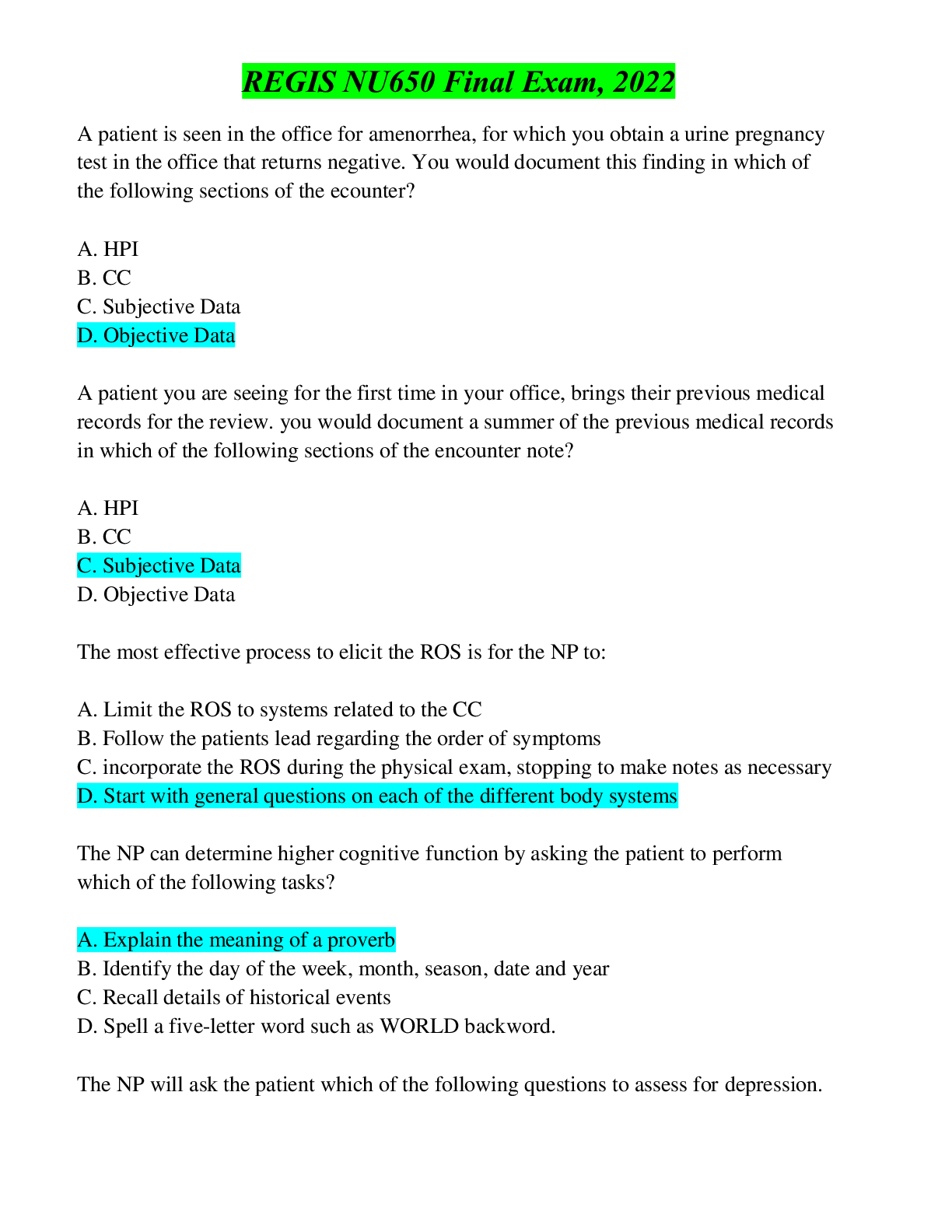 Preview image of REGIS NU650/NU 650 Final Exam, 100% document